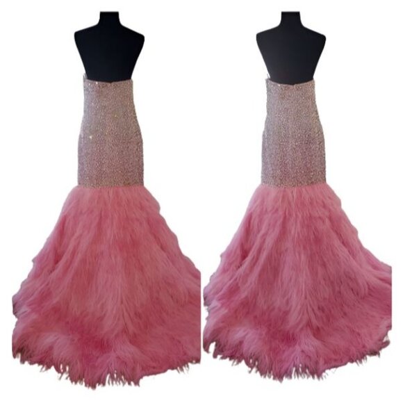 Evening Wedding Cocktail Runway Beaded Crystals Ostrich Feathers Couture Dress - Picture 7 of 16